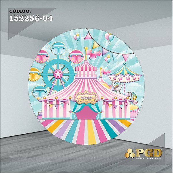 PAINEL REDONDO 1,5 x 1,5 MT -  tema - CIRCO ROSA Modelo 04 TECIDO EM - HELANCA