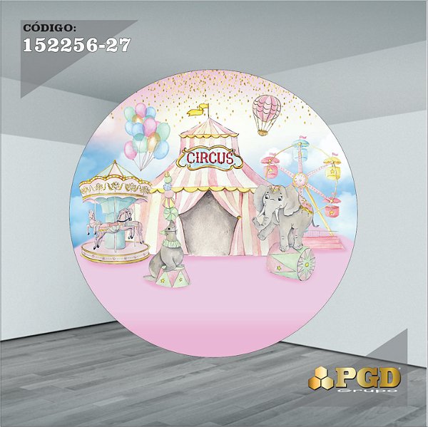 PAINEL REDONDO 1,5 x 1,5 MT -  tema - CIRCO ROSA Modelo 27 TECIDO EM - HELANCA