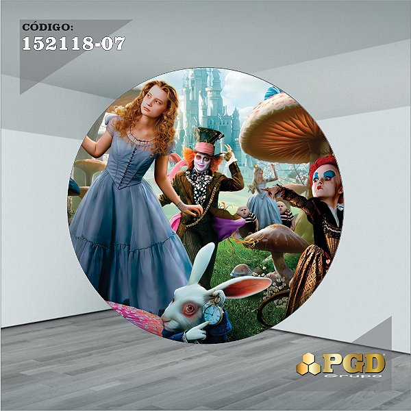PAINEL REDONDO 1,5 x 1,5 MT -  tema - Alice no pais das maravilhas Modelo 07 TECIDO EM - HELANCA