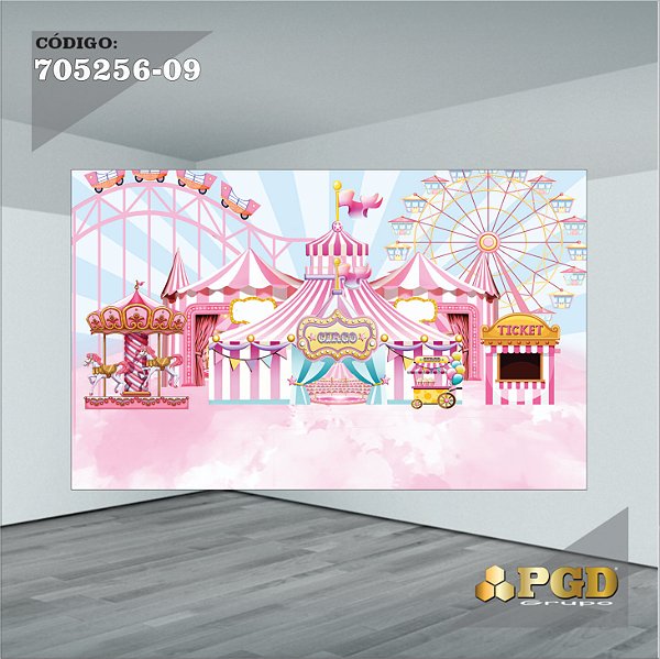 PAINEL RETANGULAR 4,00 X 2,48 MT tema - CIRCO ROSA Modelo 09 TECIDO EM - MICRO LIGHT
