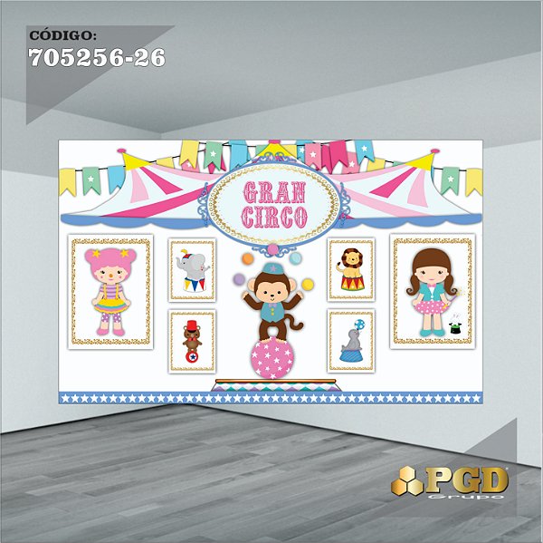 PAINEL RETANGULAR 4,00 X 2,48 MT tema - CIRCO ROSA Modelo 26 TECIDO EM - MICRO LIGHT