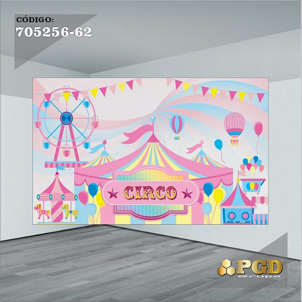 PAINEL RETANGULAR 4,00 X 2,48  MT tema - CIRCO ROSA Modelo 62 TECIDO EM - MICRO LIGHT