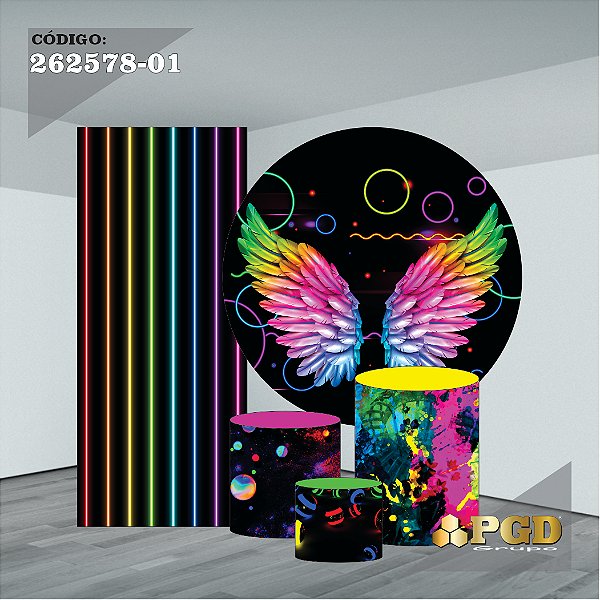 KIT VESTE FACIL P,M,G + PAINEL 1,5 x 1,5 + PORTAL 2,00 x 0,85 MT -  tema - NEON Modelo 01 TECIDO EM - HELANCA