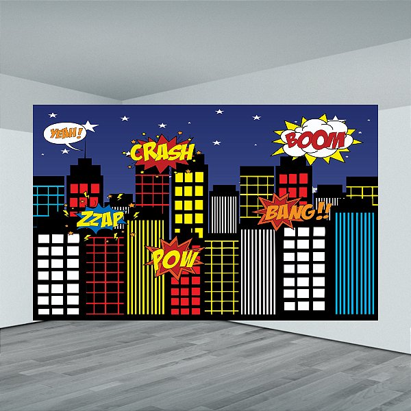 Painel Retangular Sublimado Heróis Predio - Microfibra Light 400x248cm