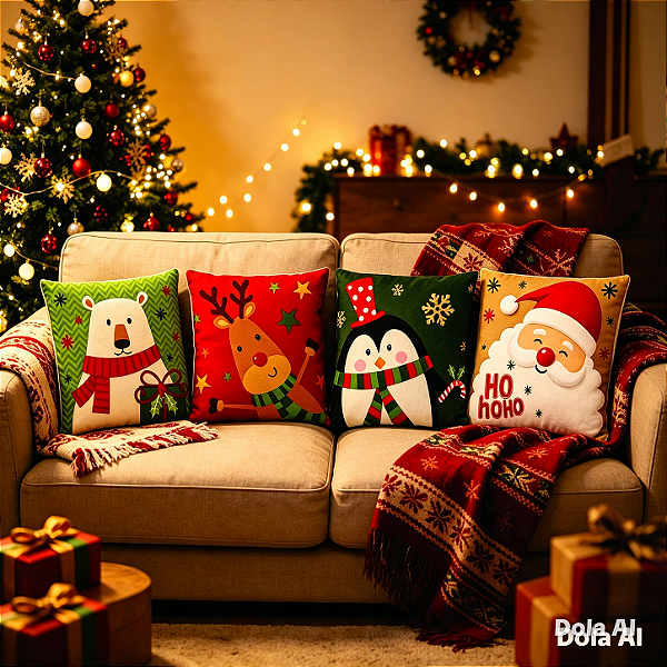 Kit 4 Capas de Almofadas Tema Natal 40x40cm Tecido Microfibra