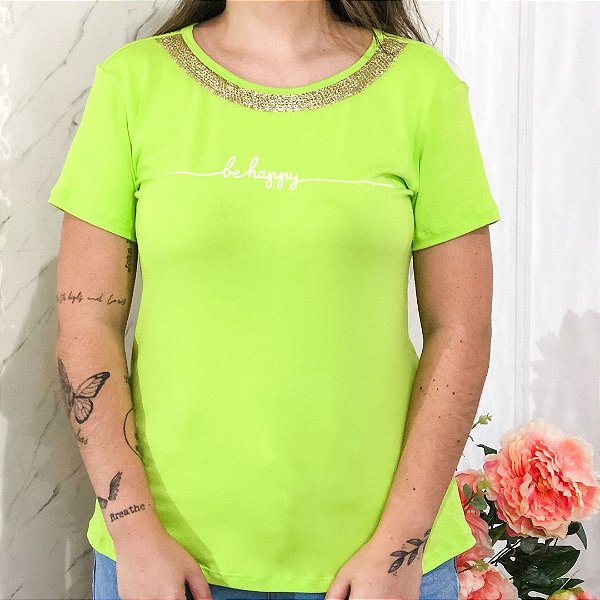 Camiseta T-Shirt Feminina Be Happy - Verde Lima