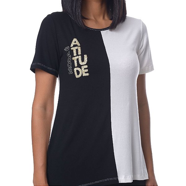 Camiseta Long Slim Bicolor Atitude - Preto e Off White