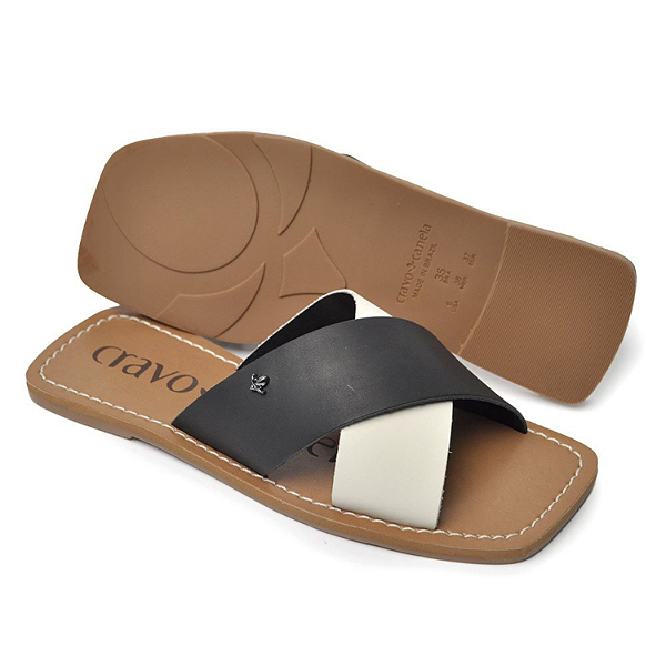 Tamanco Rasteiro Cravo e Canela Ref. 1181 em Couro Silk Black / Napa Cal off White