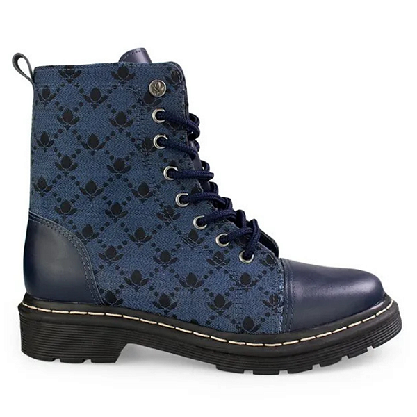 Bota Coturno Cravo e Canela em Tecido Jacquard Marinho / Couro New Calf Ref. 85653X