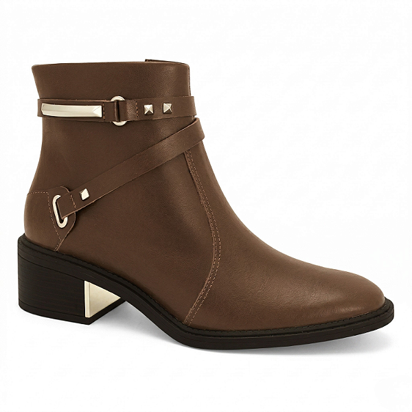 Bota Cano Curto Ramarim em Couro Sela com Salto Detalhe Dourado Ref. 2565104-0001