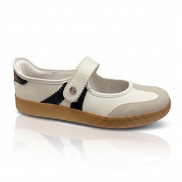 Tênis Casual Estilo Mary Jane Quiz Cabedal Camurção Niquel / Branco / Preto - 68-1739-67