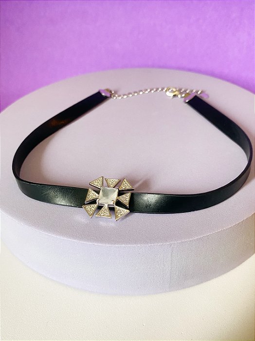 Choker Couro Pedra Azul