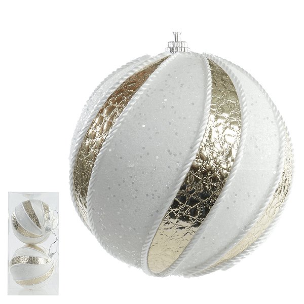 Bola de Natal Decorada Plástico Branco 10cm C/2 Und