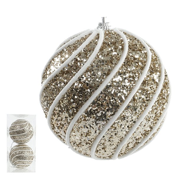 Bola de Natal Decorada Plástico Dourado 10cm C/2 Und