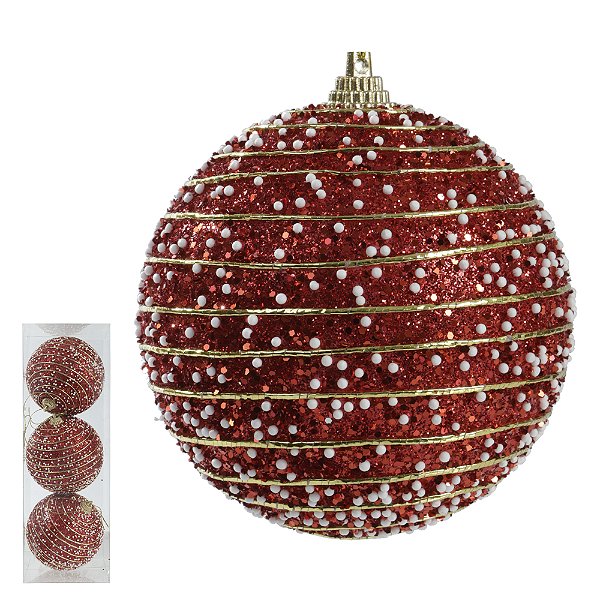 Bola de Natal Decorada Plástico Vermelho 8cm C/3 Und