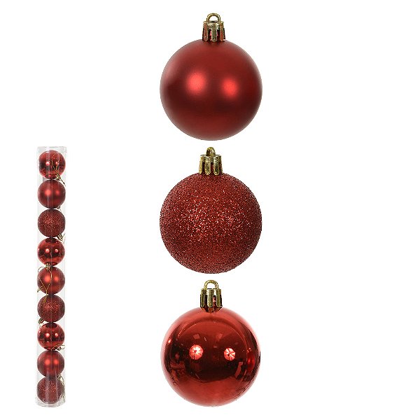 Bola de Natal Tubo Misto Vermelho 6cm C/9 Und