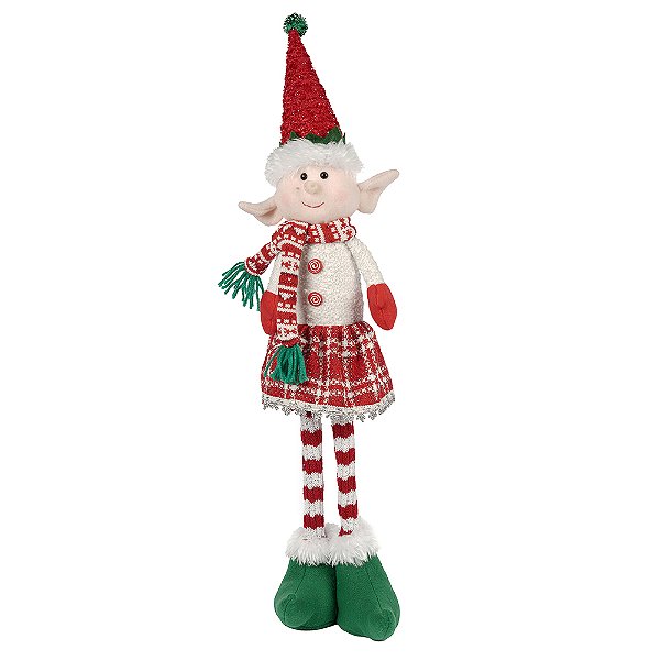 Boneco Elfo Natal em Pé Tecido Vermelho Branco 60cm