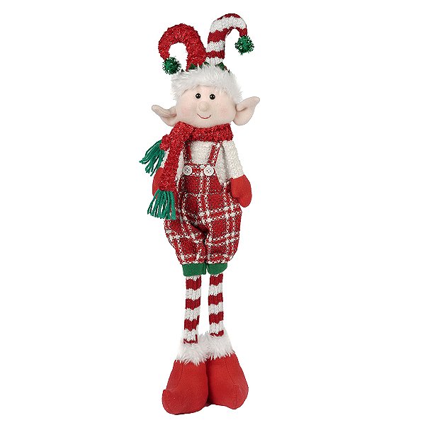 Boneco Elfo Natal em Pé Tecido Vermelho Branco 60cm