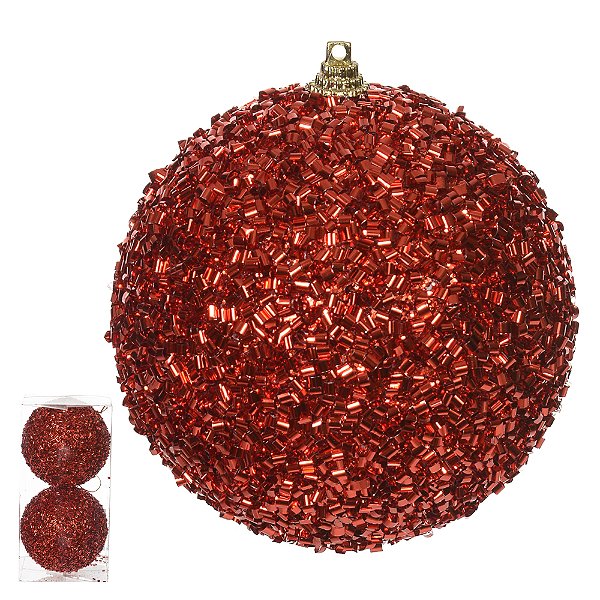 Bola de Natal Decorada c/ Glitter c/2 und Caixa PVC (Vermelho) 10cm
