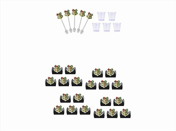 50 forminhas, 50 mini colheres  tema Harry Potter Clãs (preto) + 50 copinhos
