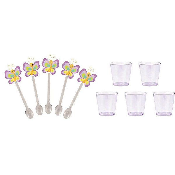 50 mini colheres + 50 copinhos 25 ml Jd enc borboleta lilás - Envio Imediato