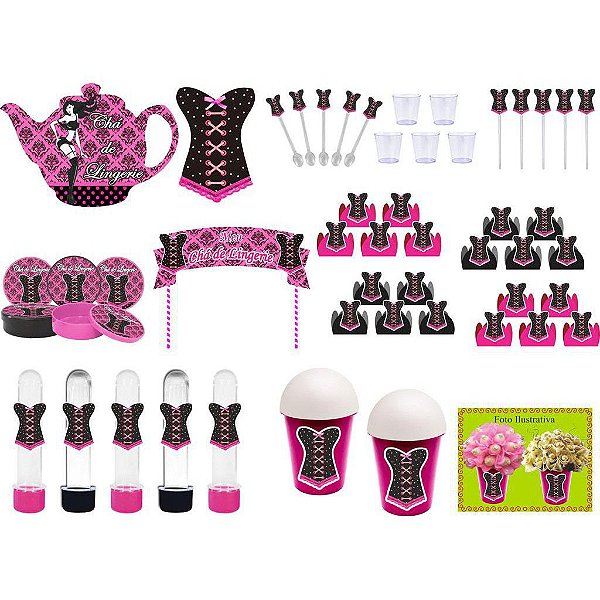 kit festa Chá de Lingerie (pink e Preto) 105 peças (10 pessoas)