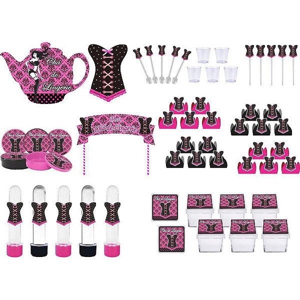 kit festa Chá de Lingerie (pink e Preto) 173 peças (20 pessoas)