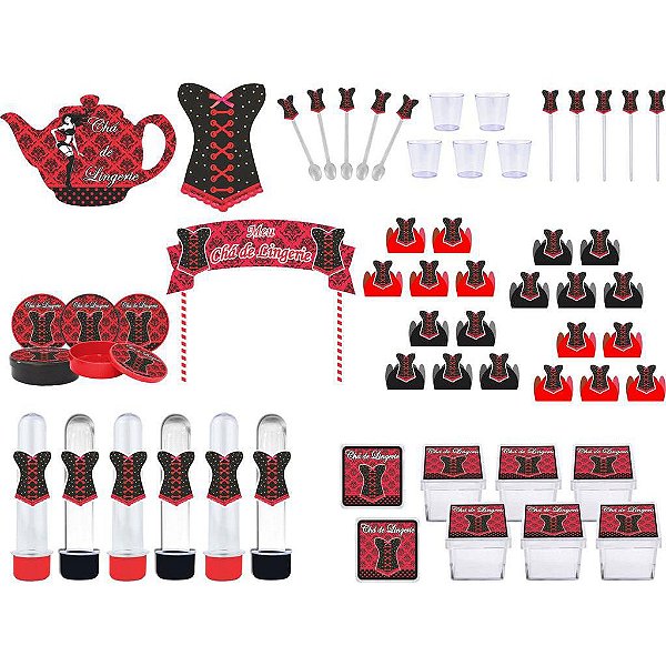 kit festa Chá de Lingerie (vermelho e Preto) 173 peças (20 pessoas)