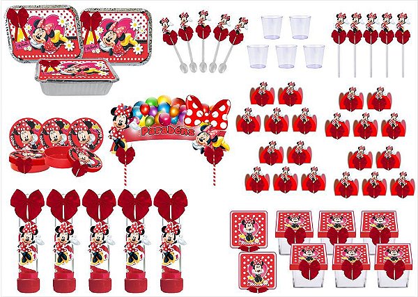 Kit festa decorado  Minnie vermelha 191 peças (20 pessoas)
