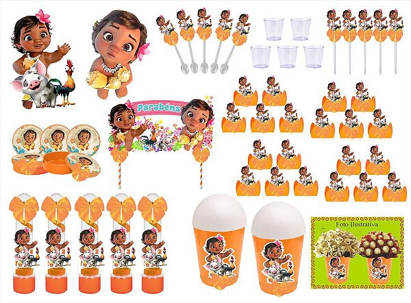Kit festa decorado  Moana Baby   (laranja) 155 peças  20 pessoas