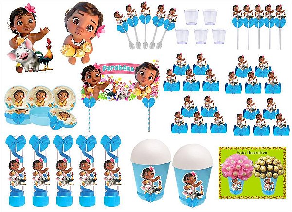 Kit festa decorado Moana Baby   (azul) 155 peças  20 pessoas