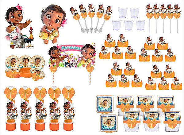 Kit festa decorado Moana Baby  (laranja) 113 peças (10 pessoas)