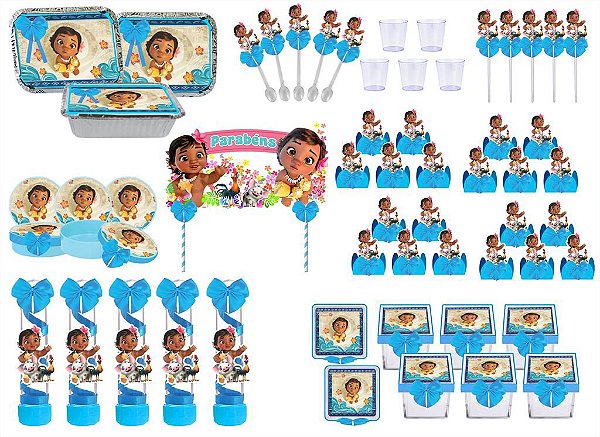 Kit festa decorado Moana Baby (azul claro) 191 peças (20 pessoas)