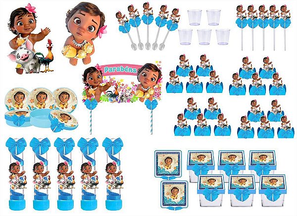Kit festa decorado Moana Baby (azul) 113 peças (10 pessoas)