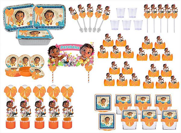 Kit festa decorado Moana Baby (laranja) 191 peças (20 pessoas)