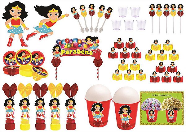 Kit festa decorado Mulher Maravilha Baby 105 peças (10 pessoas)