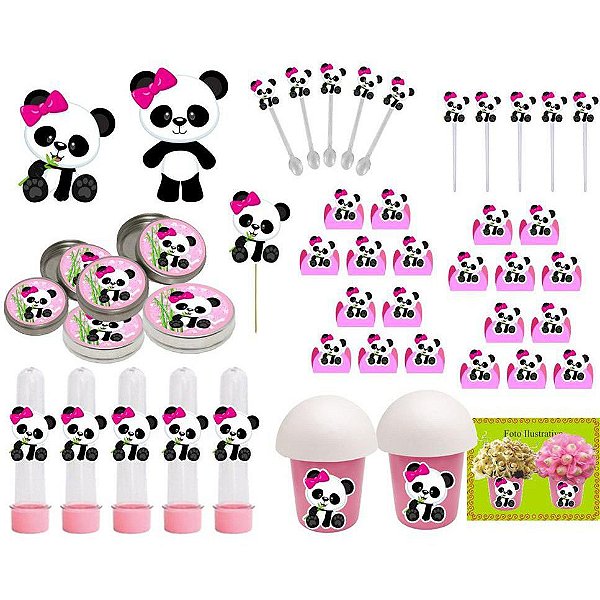 Kit Festa Infantil Panda Menina 99 Peças (10 pessoas)