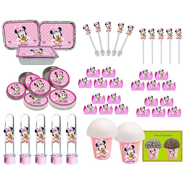 kit festa Minnie Baby rosa 160 peças (20 pessoas)