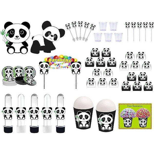 Kit Festa Panda (preto e branco) 105 peças (10 pessoas)