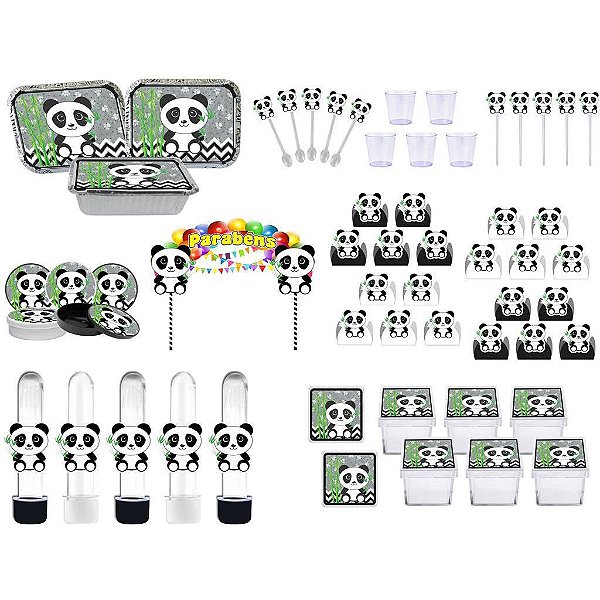 Kit festa Panda (preto e branco) 121 peças (10 pessoas)