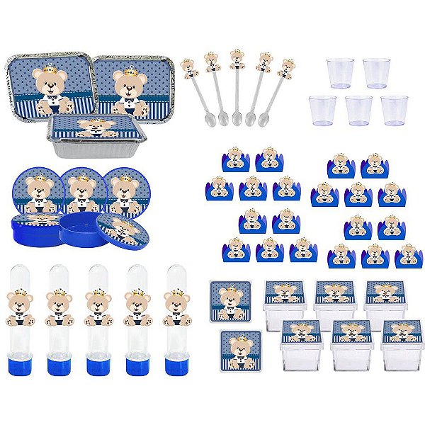 Kit festa Ursinho Príncipe (azul escuro) 65 peças (5 pessoas)