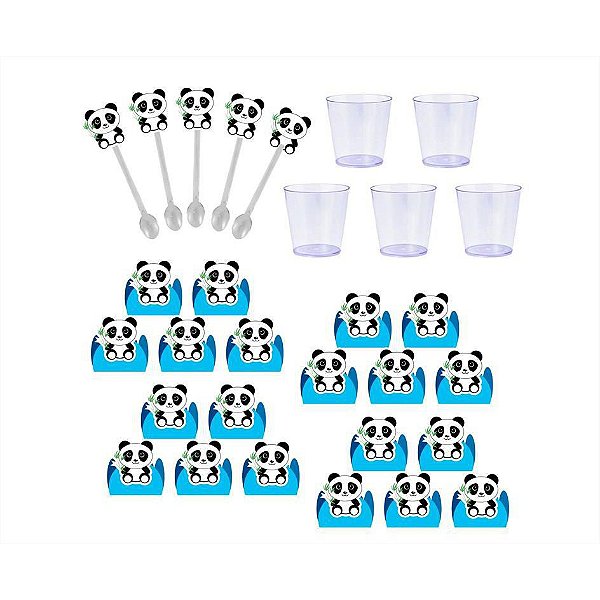 50 forminhas, 50 mini colheres Panda (azul claro) + 50 copinhos
