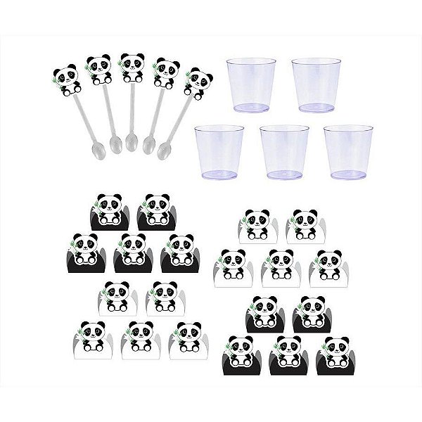50 forminhas, 50 mini colheres Panda (preto e branco) + 50 copinhos