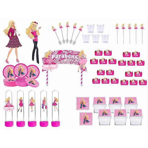 Kit Festa Barbie 283 peças (30 pessoas) painel e cx