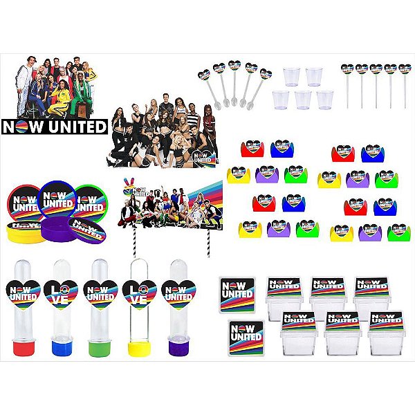Kit Festa Now United 2 colorido 113 pç (10 pessoas) painel cx