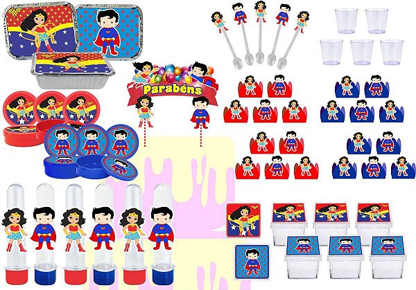 Kit festa Mulher Maravilha Baby e Super Man Baby 111 peças