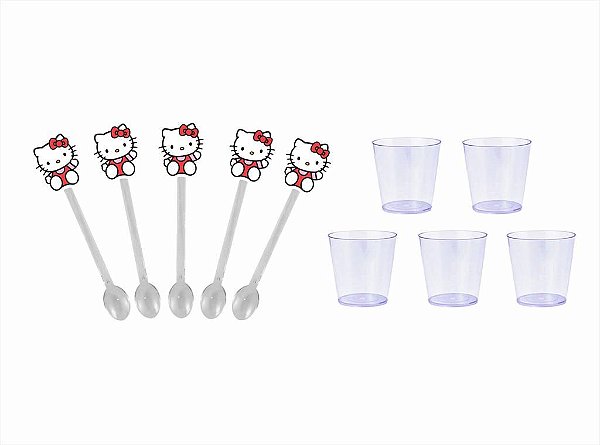 100 Colherzinhas Hello Kitty vermelho + copinhos 25 ml