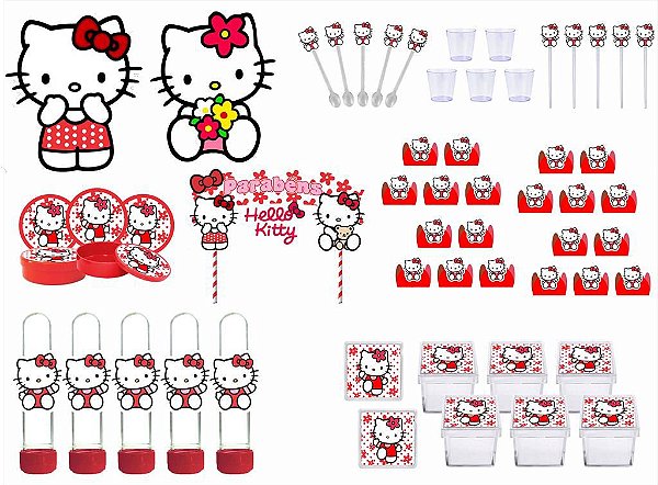 Kit Festa Hello Kitty vermelho 283 peças (30 pessoas) painel e cx