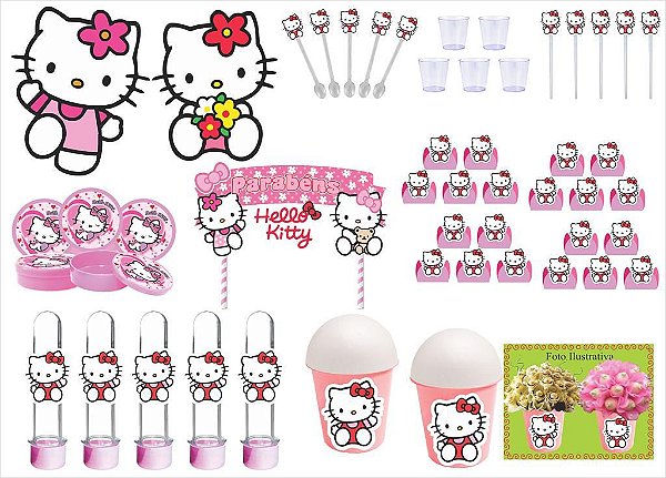 Kit Festa Hello Kitty rosa 255 peças (30 pessoas)