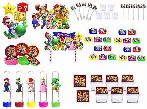 Kit Festa Super Mario Bros 173 peças (20 pessoas) painel e cx